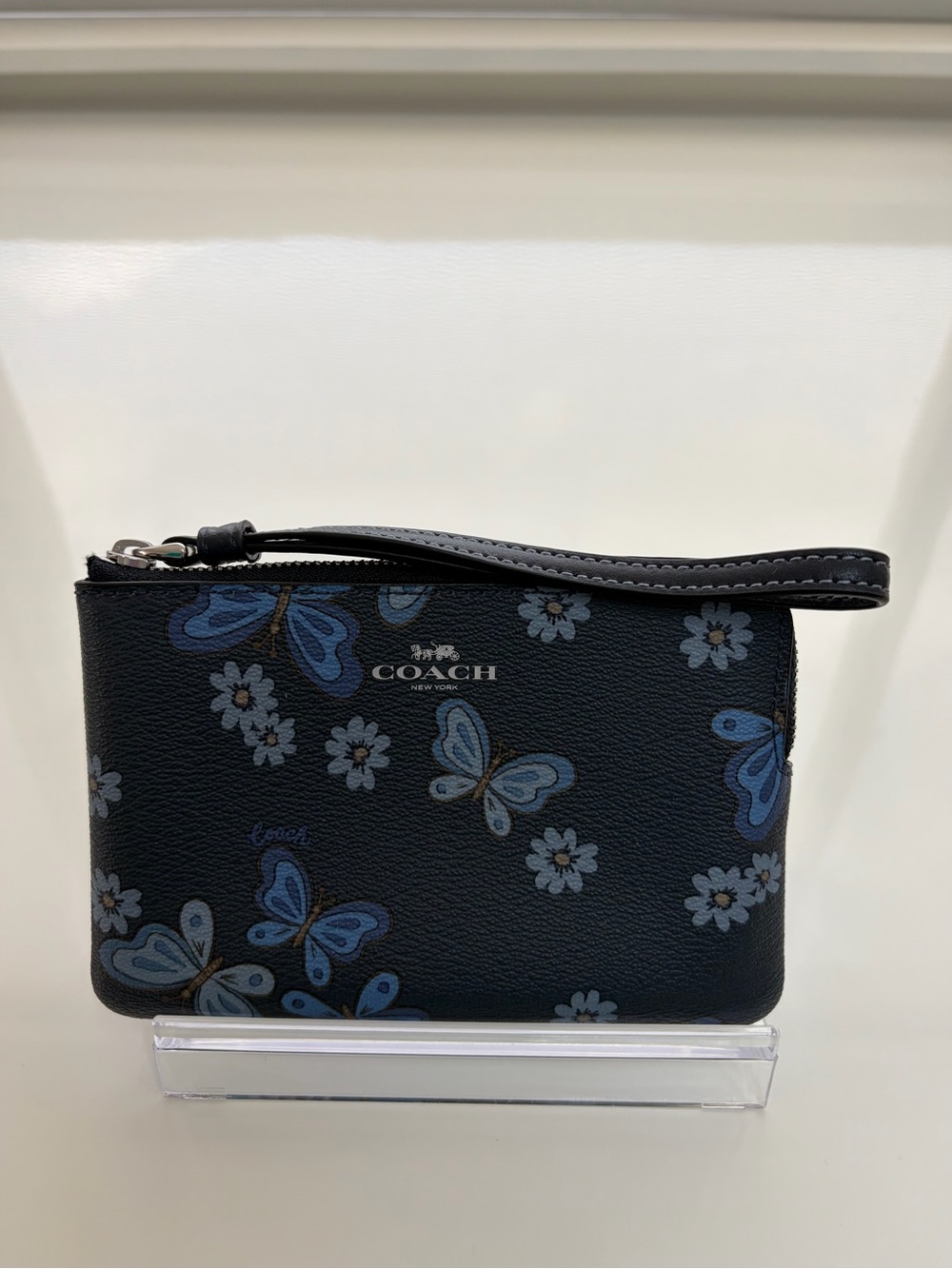 COACH Blue Butterfly & Floral Zip Wristlet